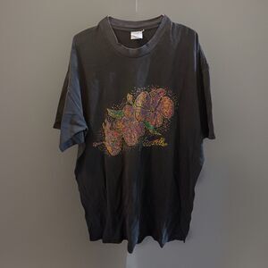 Vintage Hawaii Hibiscus Flower Graphic T-Shirt Black Cotton Made in Mexico